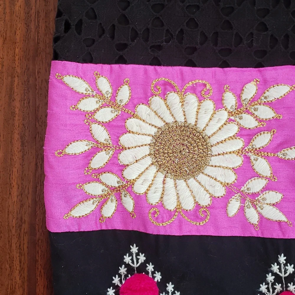 Anthropologie Leifsdottir Catrina Embroidered Pom Pom Eyelet Skirt Pink Black 10